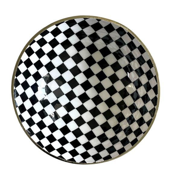 Black & White Checkered Enameled Gold Metal Bowl 10" Made in India NEW - Picture 6 of 16